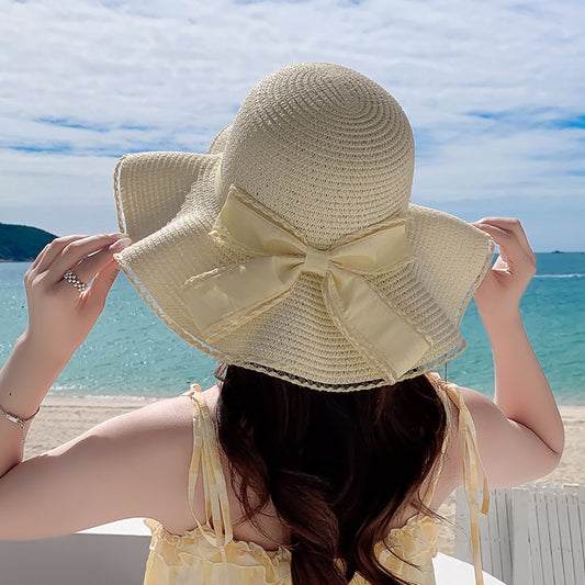 Lace Straw Hat With Wavy Big Brim Bow