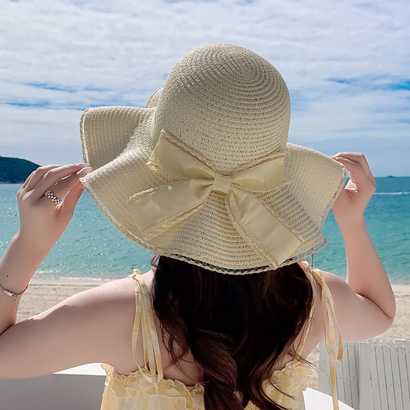 Lace Straw Hat With Wavy Big Brim Bow