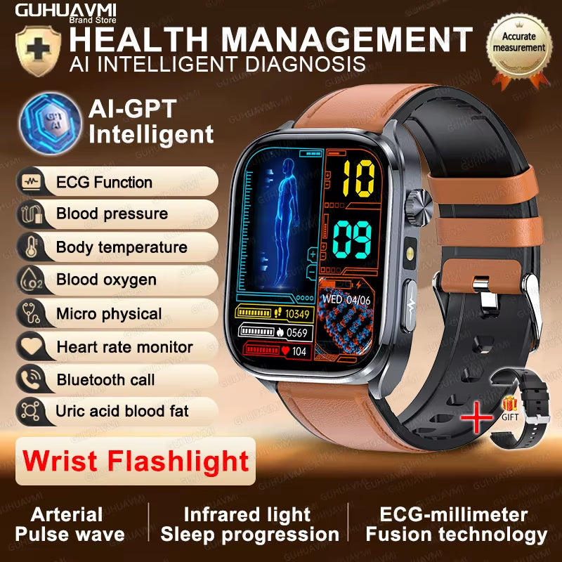 2025 New ECG+PPG AI Healthy Diagnose Smart Watch Men Blood Lipid Uric Acid BT Call Flashlight Blood Pressure Health Smartwatch