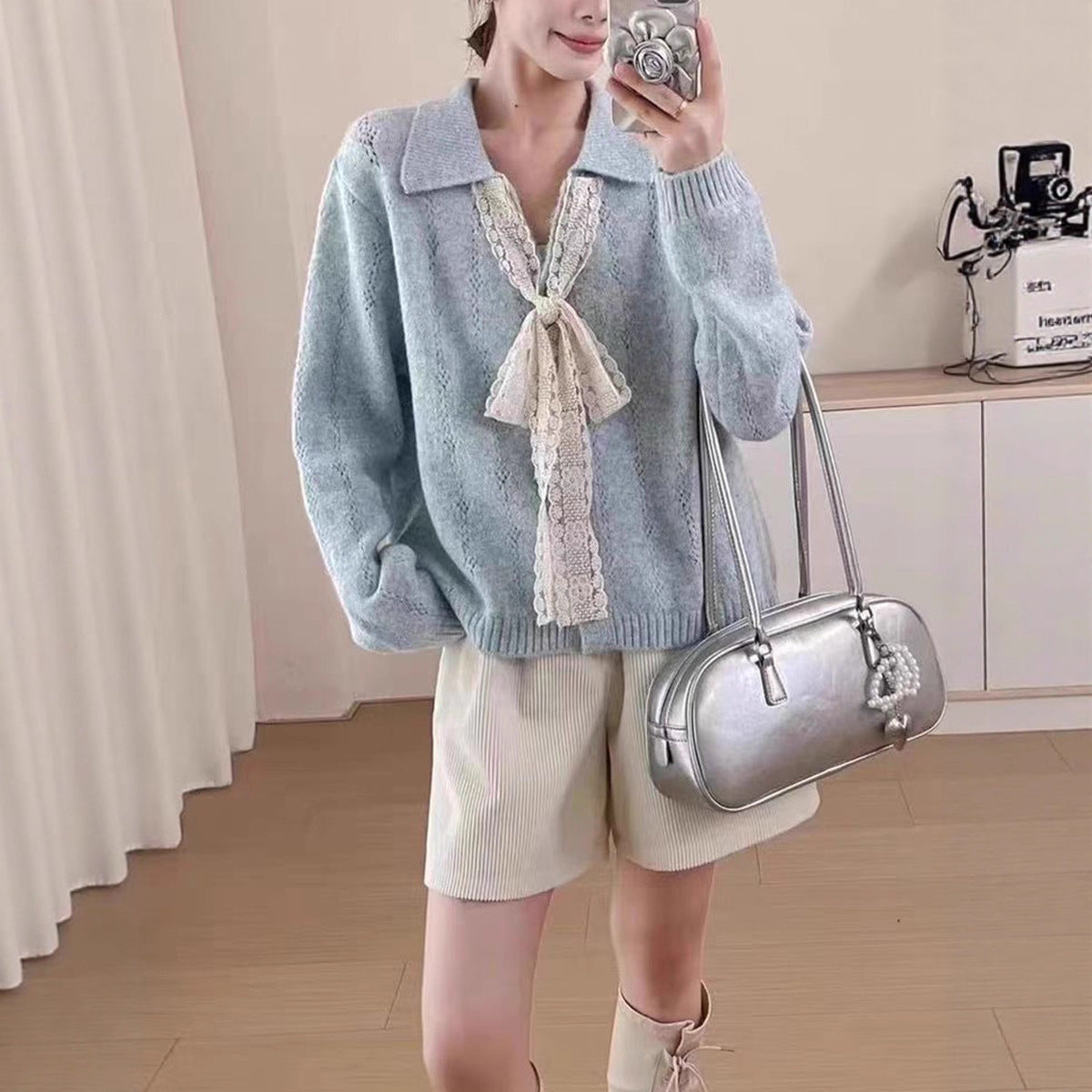 Lapel Knitwear Lace Lace-up Women's Sweater