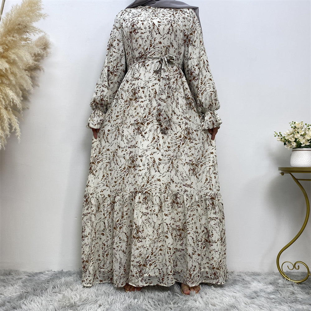 Printed Flare Sleeve Lining Fashion Chiffon Dress