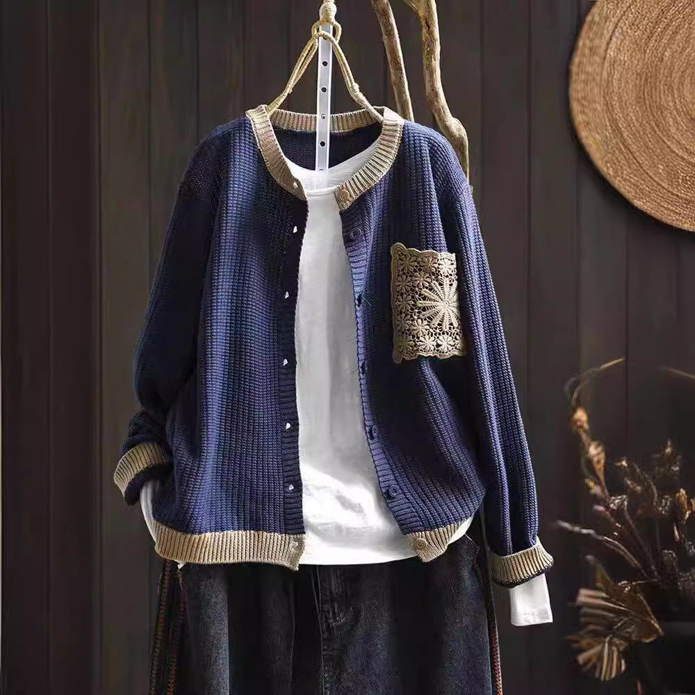Retro Knitted Cardigan Women Round Neck Loose