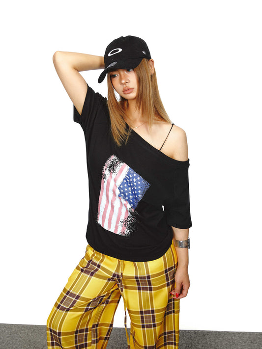 Women's Flag Printed Shoulder Short-sleeved T-shirt