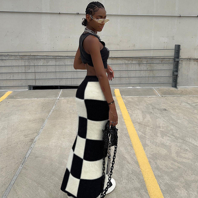 Fashion High Waist Figure Flattering Sheath Checkerboard Plaid Skirt For Women