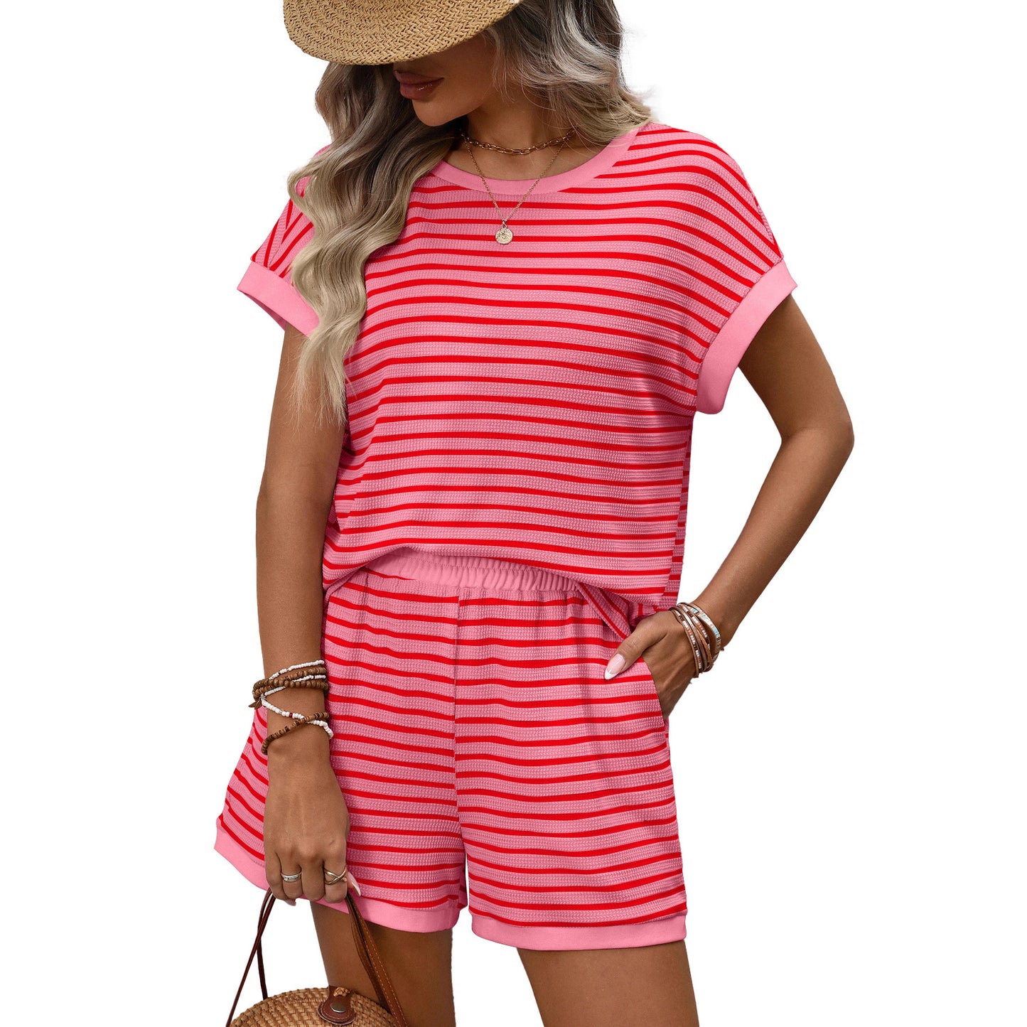 Fashionable Casual Two-piece Set Short-sleeve Top And Shorts