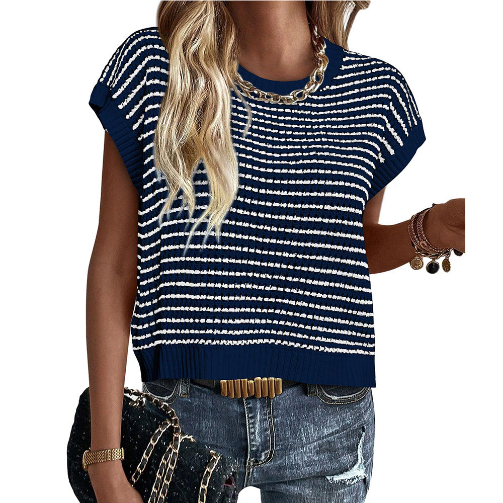 Ny Strikket Top Med Rund Hals Afslappet Stribet Sweater Med Kontrastfarve