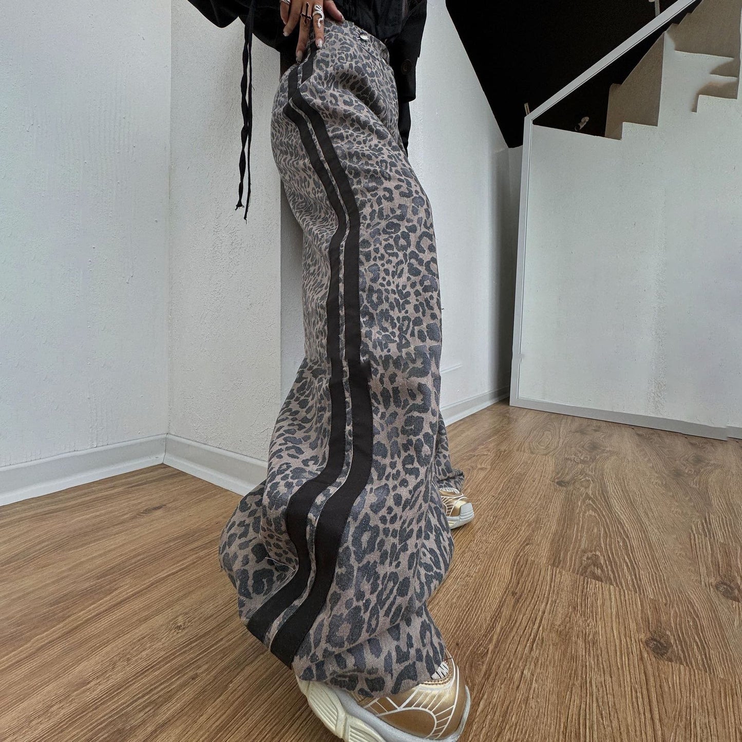 Leopard Print Mop Pants Women's Retro Side Striped Loose Wide-leg Pants