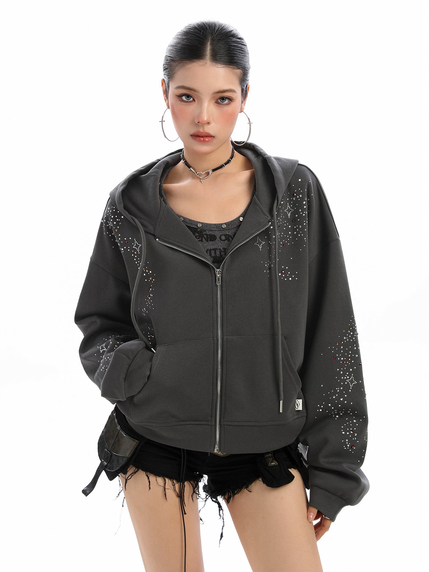 Starry Rhinestone Hooded Sweater For Women Zipper Cardigan Outerwear
