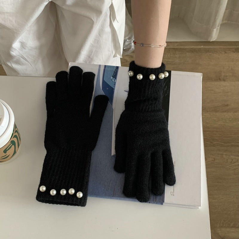 Solid Color Knitted Pearl Warm Knitted Gloves