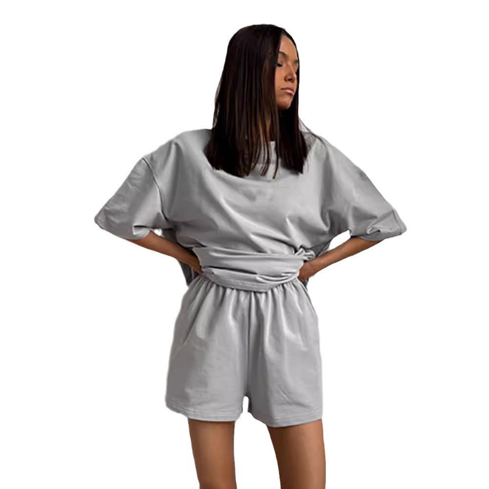 Casual Short-Sleeve Crew-Neck Top And Shorts Two-Piece Set