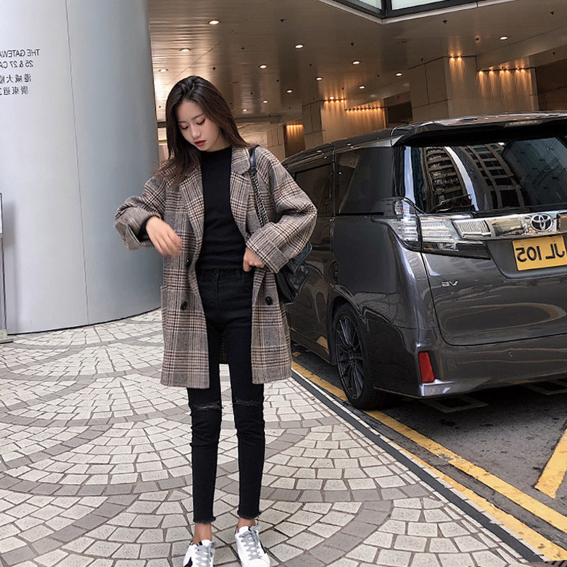 Student Retro Hong Kong Style Suit Loose Woolen Coat