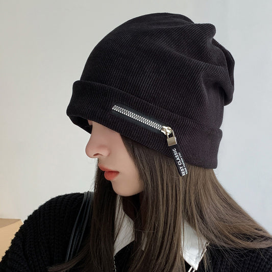 Women's Knitted Hat Autumn And Winter Personality Zipper Loose American Style
