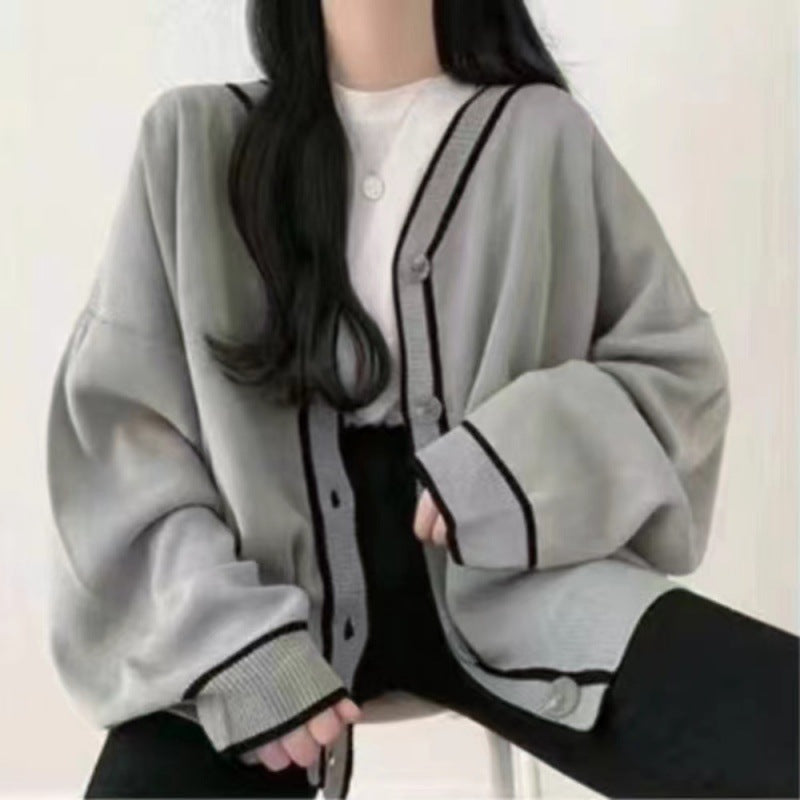 Contrast Color V-neck Knitted Cardigan Sweater Coat