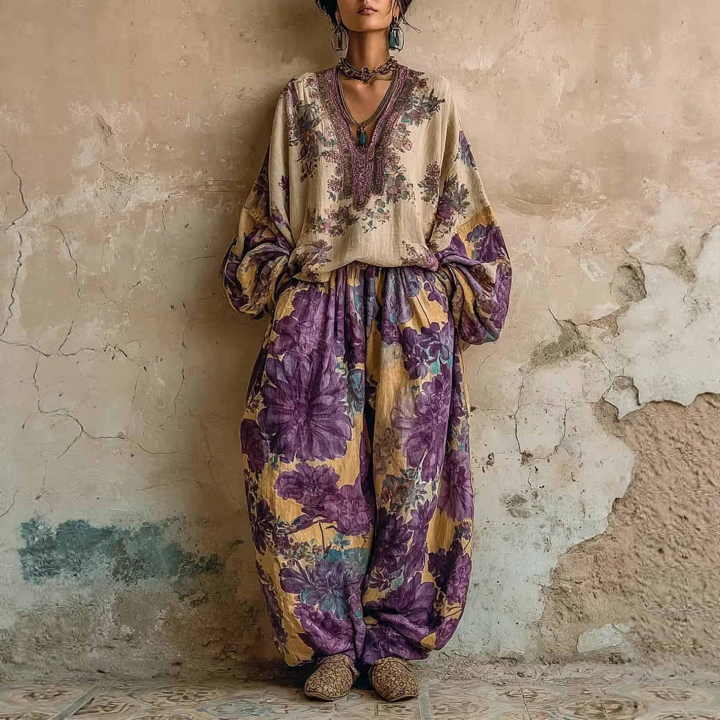 Retro Positioning Floral Women's Loose Casual Suit