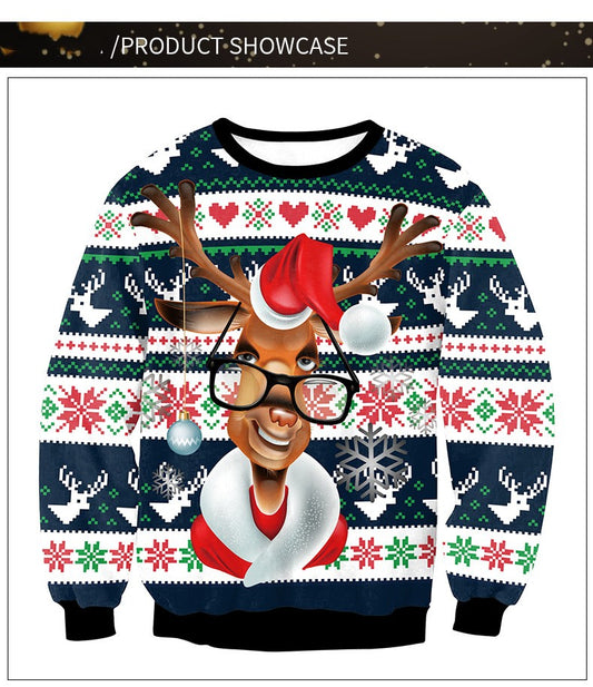 Printed Fawn Round Neck Long Sleeve Sweater For Lovers