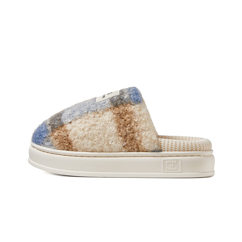 Winter Home Warm Antibacterial Retro Plaid Fleece-lined Thick Slippers