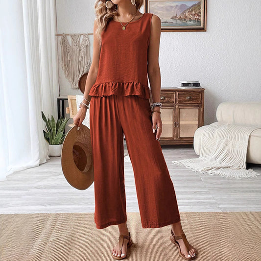 Solid-color Sleeveless Top And Capri Pants Set Womens Clothing