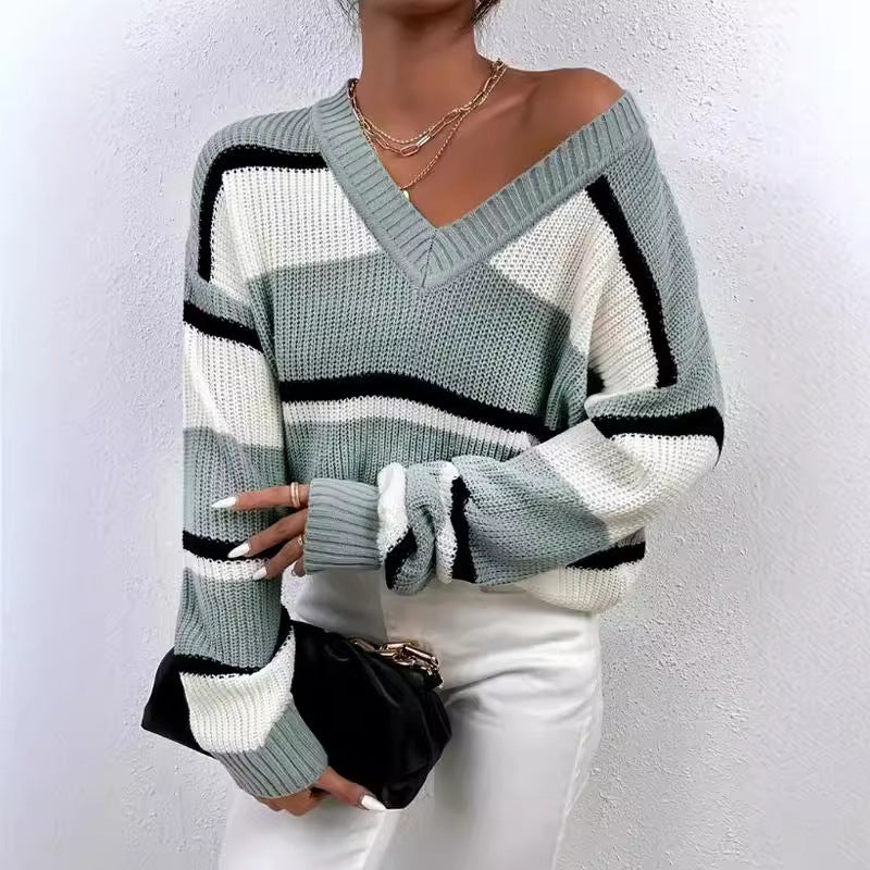 Pullover Color Contrast Patchwork Loose Sweater