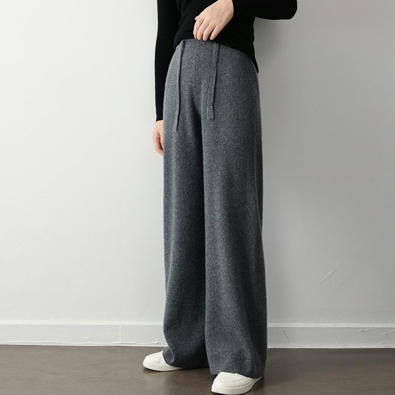 Stretch Elastic Waistband Lace-up Straight Wide-leg Pants