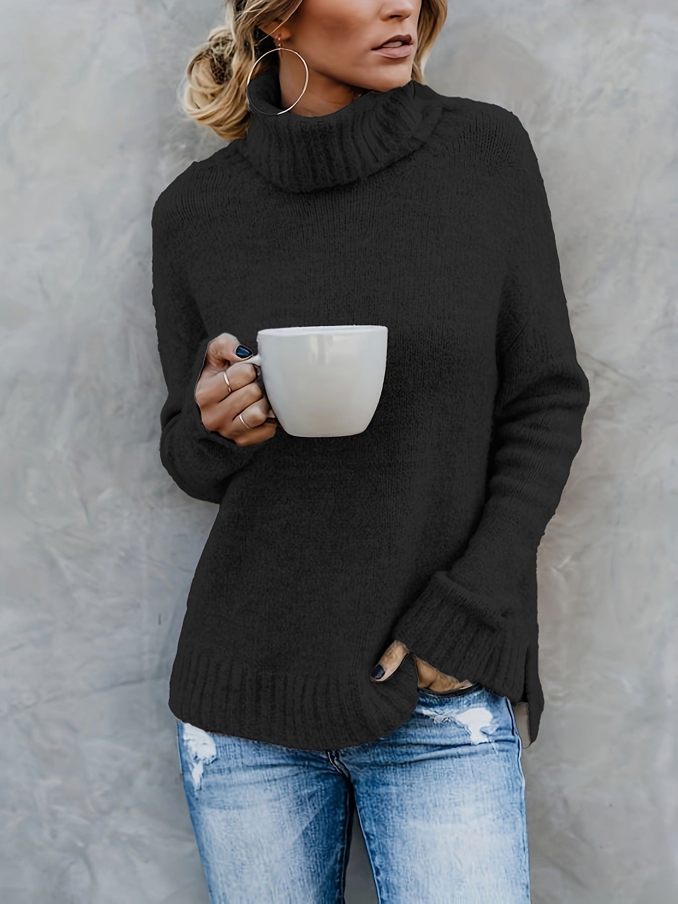 Europæisk og amerikansk langærmet rullekrave-sweater til kvinder i ensfarvet