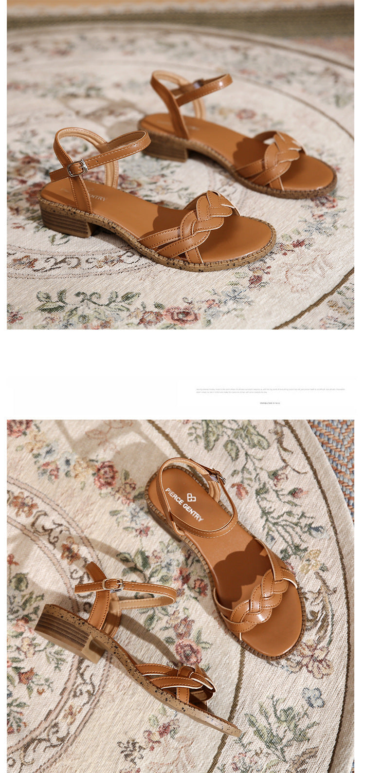 Soft Leather Retro Roman Flat Open Toe Low Heel Woven Buckle Beach Sandals