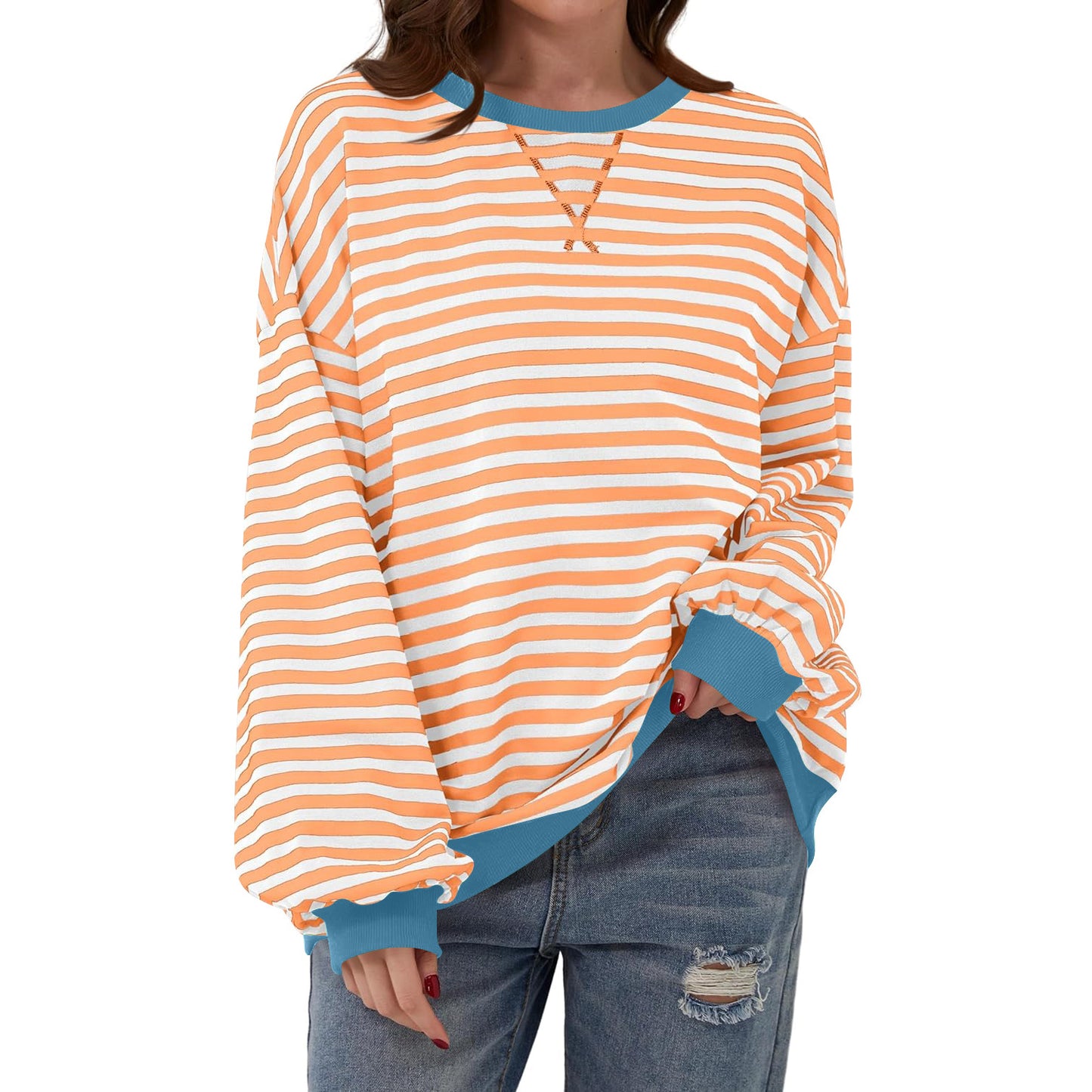 Løs stribet langærmet T-shirt afslappet pullover sweater til dametøj