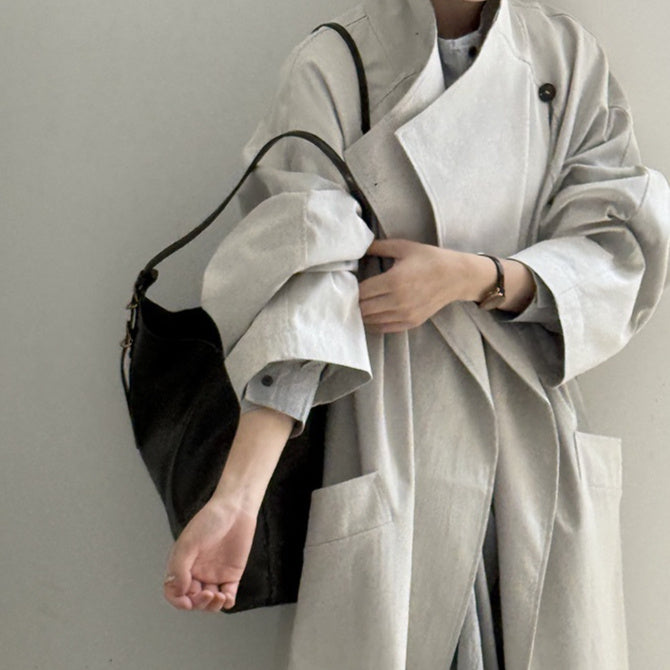 Retro Revers Enkelt Knap Mellemlang Trenchcoat Dame Bæltefrakke