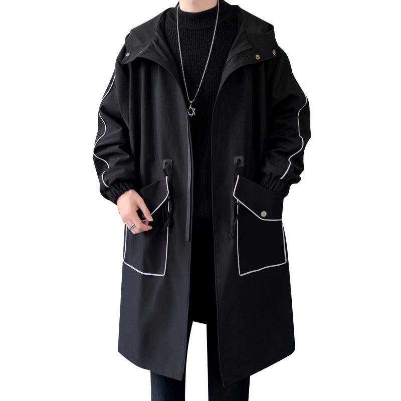 Men's Long Below The Knee Loose Casual Large Contrast Color Stripe Hooded Jacket