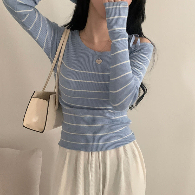 Casual Diagonal Collar Off-the-shoulder Strap Striped Color Matching Sweater Top