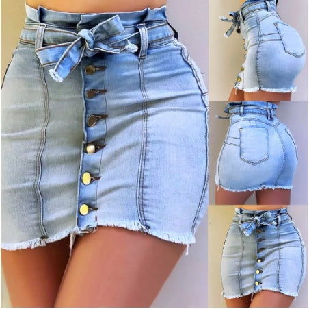 Explosive High Waisted High Stretch Lace Up Denim Skirt