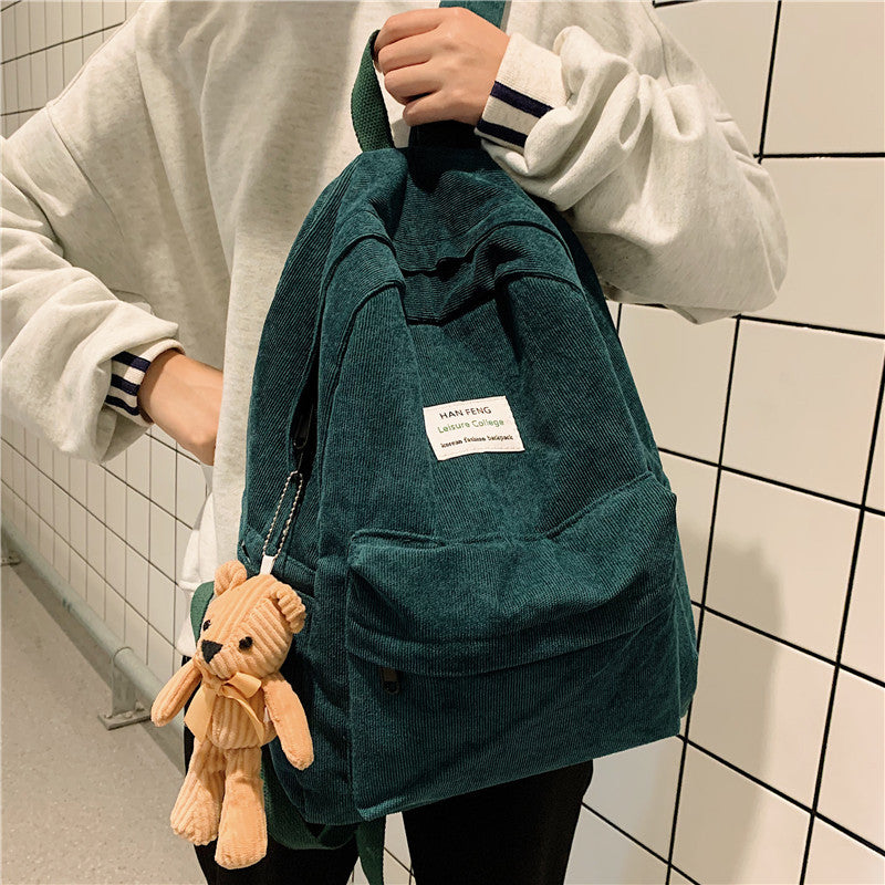 Versatile Simple Corduroy Backpack With Double Shoulders And Large Capacity