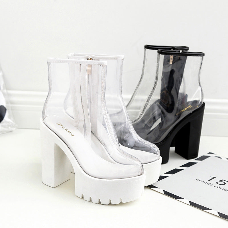 Transparent Film Waterproof Platform Thick Heel Color Matching High Heel Boots