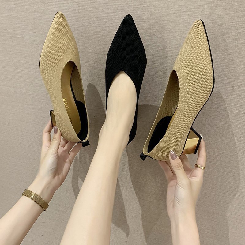 Fashion Retro Women's Pointed Toe Knitted Chunky Heels