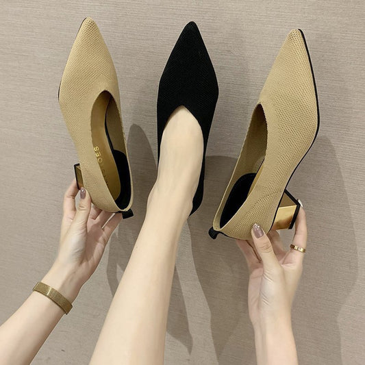 Fashion Retro Women's Pointed Toe Knitted Chunky Heels