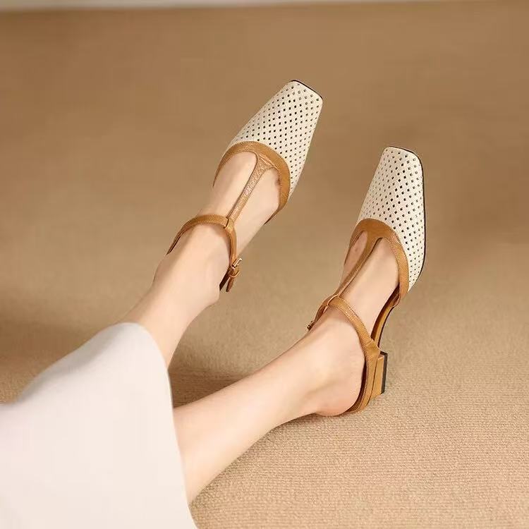 Women's Elegant Retro Soft Bottom Square Toe Color-blocking Sandals