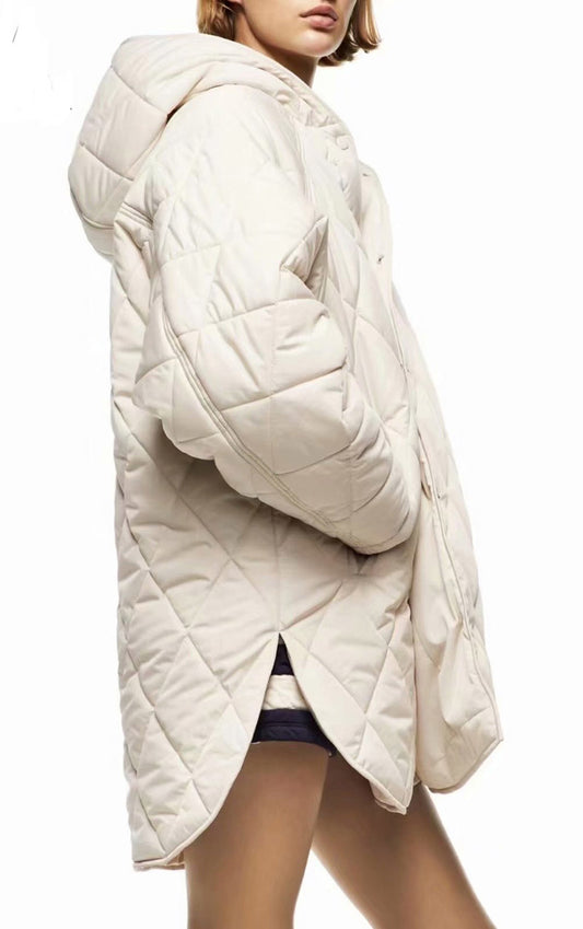 Mid-length Hooded Long-sleeved Single-breasted Loose Quilted Cotton Warm Cotton Jacket