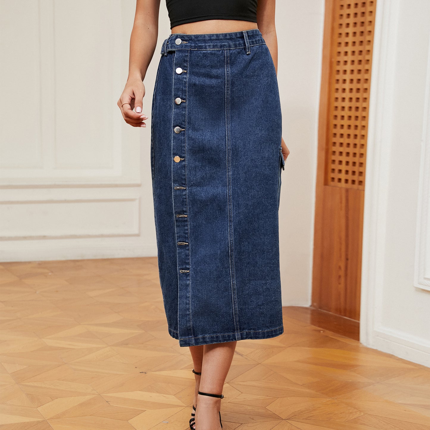 Europæiske og amerikanske hotte piger halv-elastisk denim-cargo-nederdel