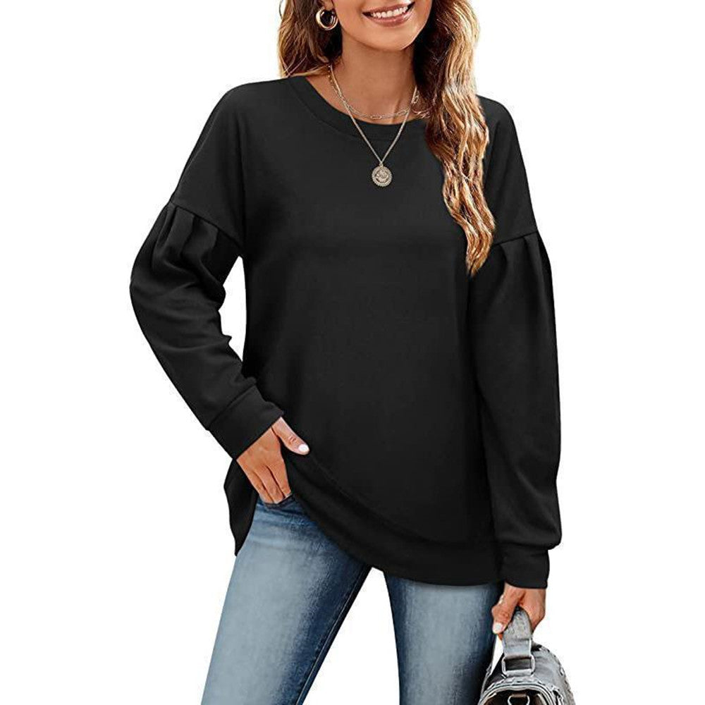 Women's Solid Color Sweatshirt With Round Neck Stitching