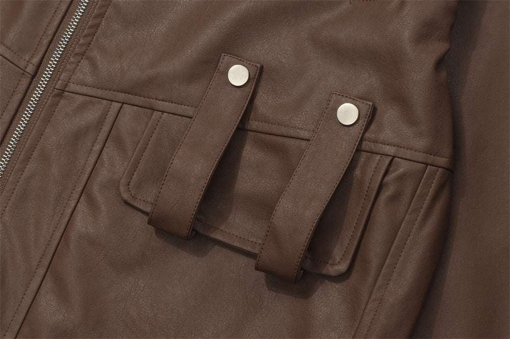 High Street Pu Pu Leather Jacket Fashion Casual Stand Collar