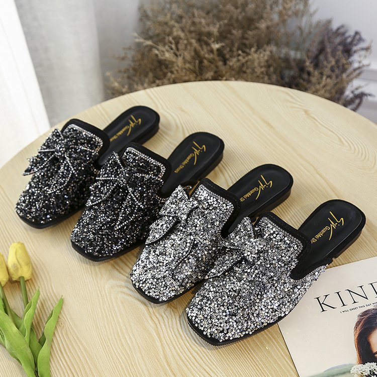 Korean Fashion Sequined Bow Half-length Slippers
