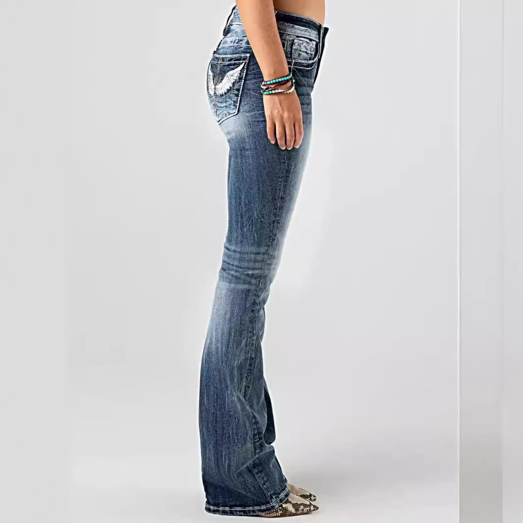 European And American Ladies Heavy Industry Washing Stretch Denim Trousers