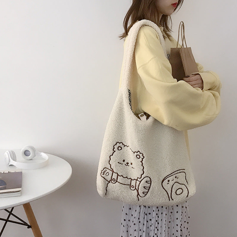 Lambskin Bear Embroidered Large Capacity Shoulder Bag