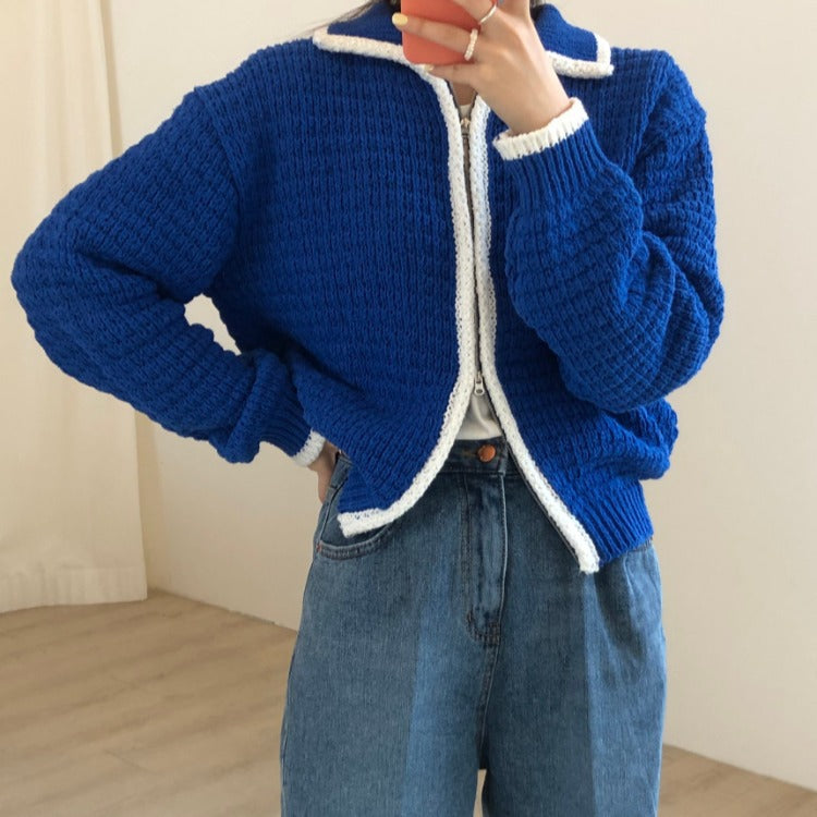Contrast Thick Needle Zipper Cardigan Sweater Coat Women's Vintage Lapel