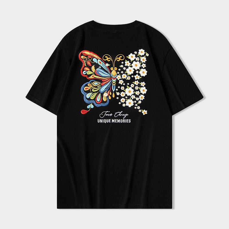 Kortærmet T-shirt Sommerfugl Lysskiftende Broderi Kinesisk Stil