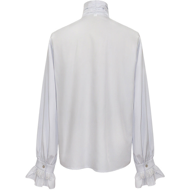 Mens Gothic Ruffle-Trimmed Stand-Up Collar Long-Sleeve Tie Shirt