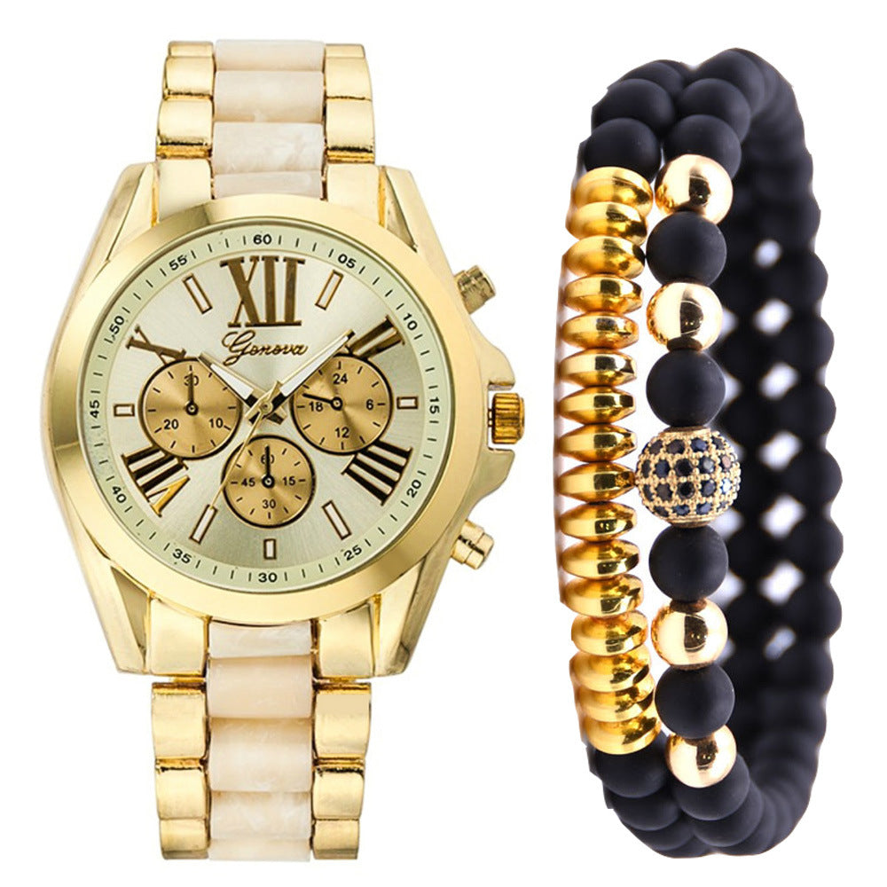Fashionable Simple Fake Three Eyes Steel Band Quartz Watch Send Bracelet