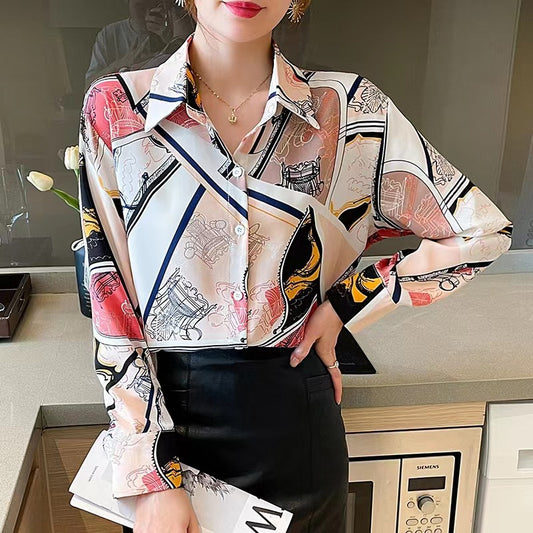 Fashionable Printed Long-sleeved Chiffon Shirt For Women