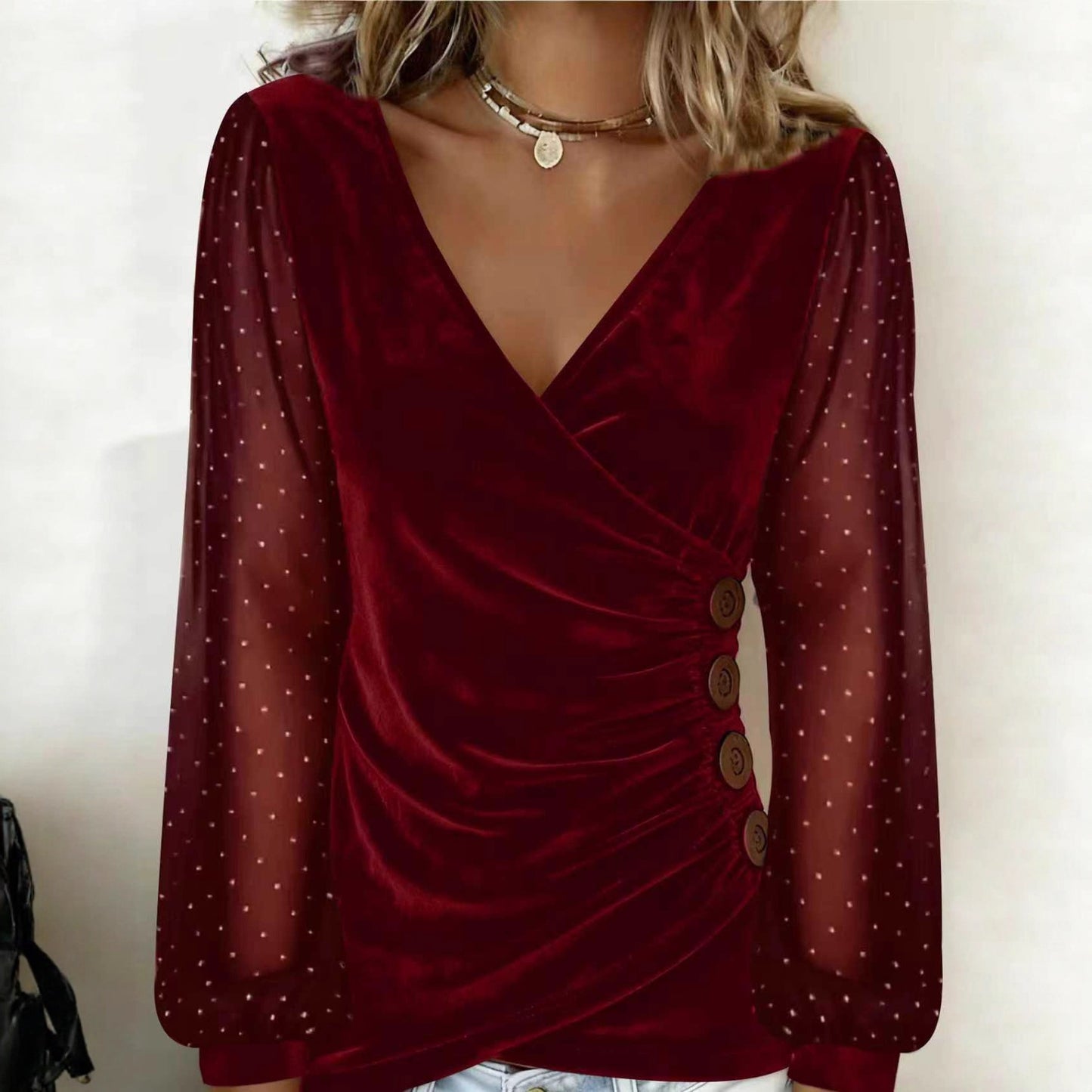 Drilled Rhinestone Velvet Slim Fit Long Sleeve T Shirt