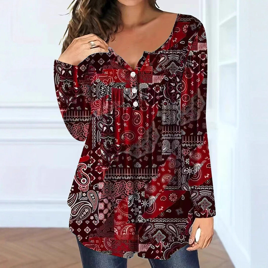 Paisley Mønster Elegant Løs Knap V-hals Top Dame T-shirt
