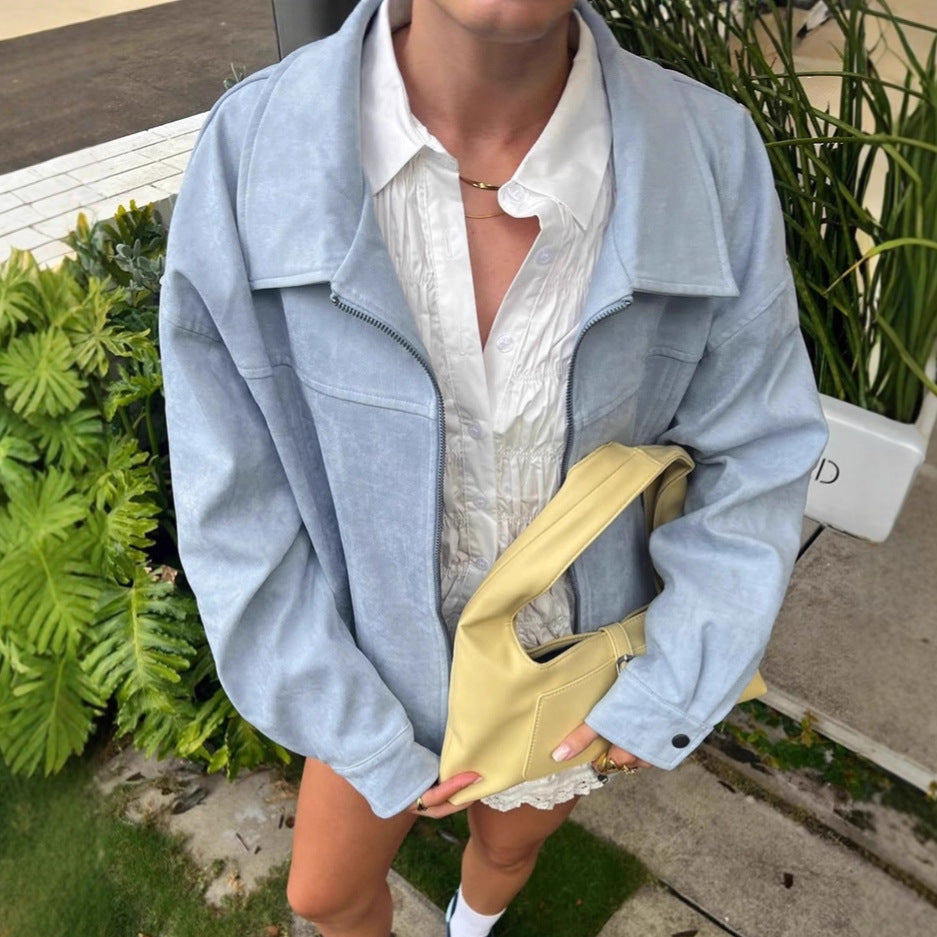 European And American Blue Suede Coat